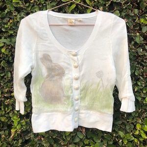 Anthropologie Cream Cardigan with Rabbit Print